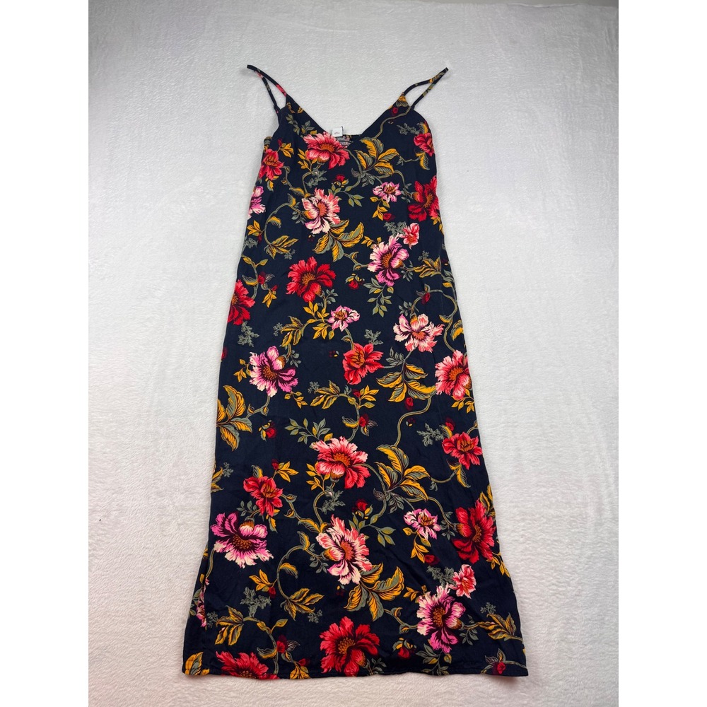 Old Navy Womens Floral Maxi Dress Medium Navy Blue Pink V-Neck Slit Sleeveless